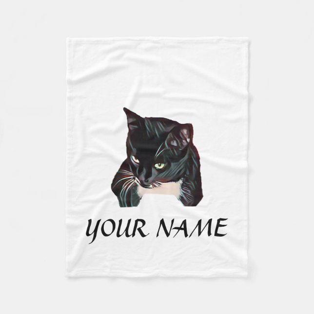 Cute Black Cat White Personalized Fleece Blanket (Front)