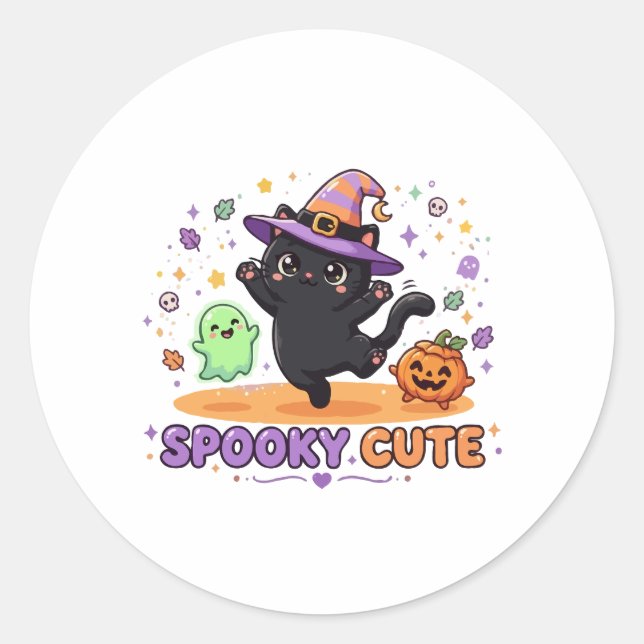 Cute Black Cat Witch Halloween Classic Round Sticker (Front)