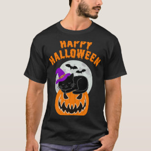 Cute Black Cat Witch Halloween Scary Pumpkin T-Shirt