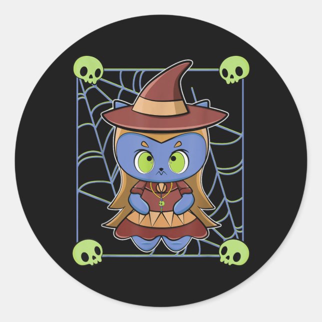 Cute Black Cat Witch Hat And Magic Esoteric For Classic Round Sticker (Front)