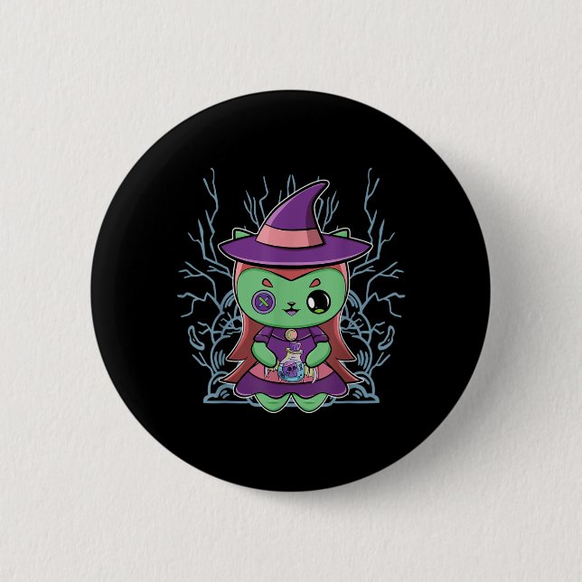 Cute Black Cat Witch Hat And Magic Potion For 2 Inch Round Button (Front)