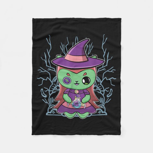 Cute Black Cat Witch Hat And Magic Potion For Fleece Blanket (Front)