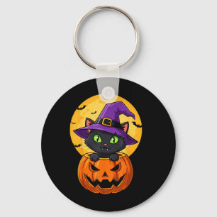 Cute Black Cat Witch Hat In Pumpkin Women Men Kids Keychain