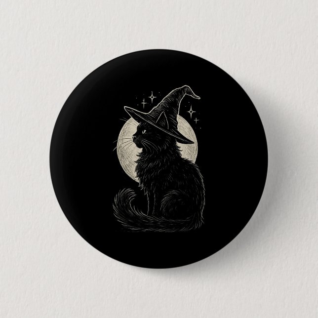 Cute Black Cat Witch Hat Moon Retro Coquette Boho  2 Inch Round Button (Front)