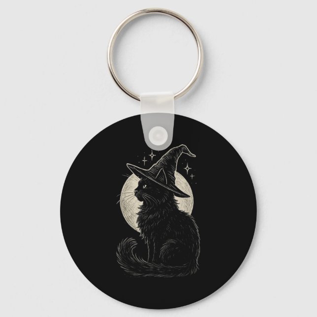 Cute Black Cat Witch Hat Moon Retro Coquette Boho  Keychain (Front)