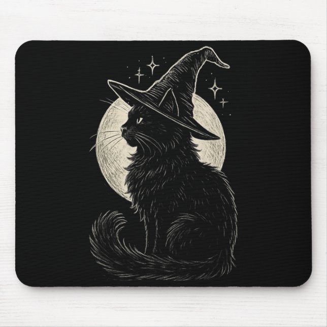 Cute Black Cat Witch Hat Moon Retro Coquette Boho Mouse Pad (Front)