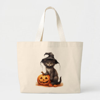 Cute Black Cat Witch Hat Pumpkin Halloween Costume Large Tote Bag