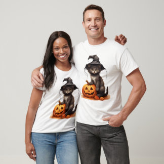 Cute Black Cat Witch Hat Pumpkin Halloween Costume T-Shirt