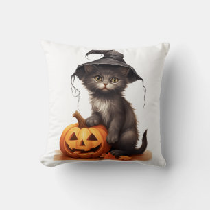 Cute Black Cat Witch Hat Pumpkin Halloween Costume Throw Pillow