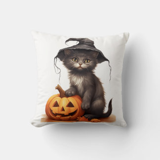 Cute Black Cat Witch Hat Pumpkin Halloween Costume Throw Pillow