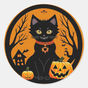 Cute Black Cat Witch Hat Pumpkin Halloween Scene Classic Round Sticker