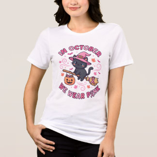 Cute Black Cat Witch In October We Wear Pink Tri-Blend Shirt