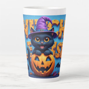 Cute Black Cat Witch Pumpkin Halloween 🐈‍⬛ Latte Mug