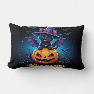 Cute Black Cat Witch Sitting on Jack O Lantern Lumbar Pillow