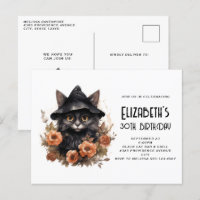Cute Black Cat Witch's Hat Birthday Invitation