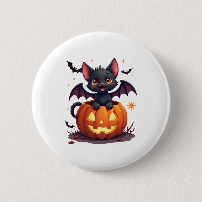Cute Black Cat With Bat Wings Jack O Lantern Kitty 2 Inch Round Button (Front)