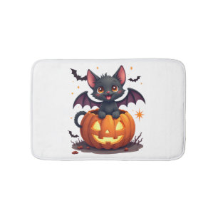 Cute Black Cat With Bat Wings Jack O Lantern Kitty Bath Mat