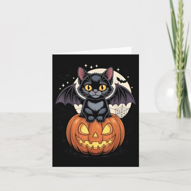 Cute Black Cat With Bat Wings Jack O Lantern Kitty Card (Front)