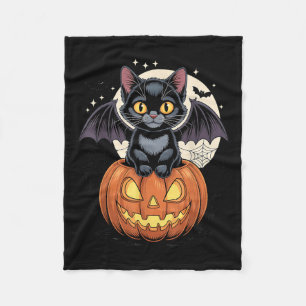 Cute Black Cat With Bat Wings Jack O Lantern Kitty Fleece Blanket