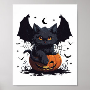 Cute Black Cat With Bat Wings Jack O Lantern Kitty Poster