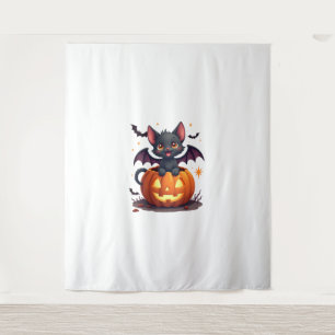 Cute Black Cat With Bat Wings Jack O Lantern Kitty Tapestry