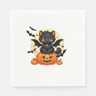 Cute Black Cat With Bat Wings Pumpkin Women Men Ha Napkin