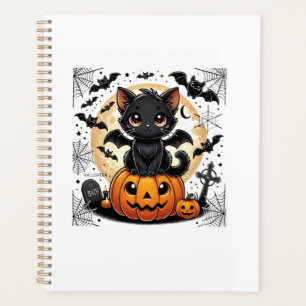 Cute Black Cat With Bat Wings Pumpkin Women Men Ha Planner