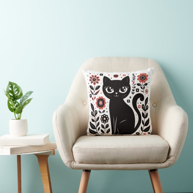 Cute Black Cat with Big Eyes and Flowers Throw Pillow (Chair)