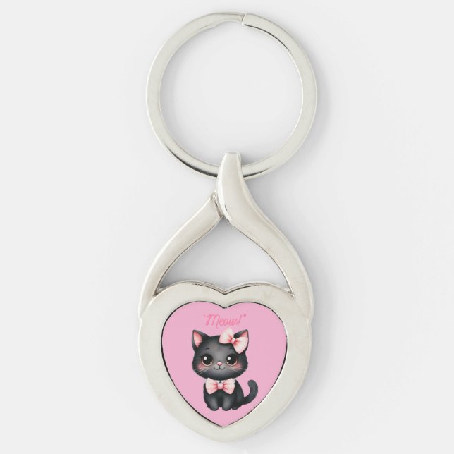 Cute Black Cat with Bow for Halloween Decoration Keychain (Front)