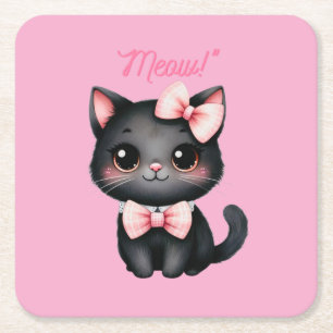 Cute Black Cat with Bow for Halloween Decoration Square Paper Coaster