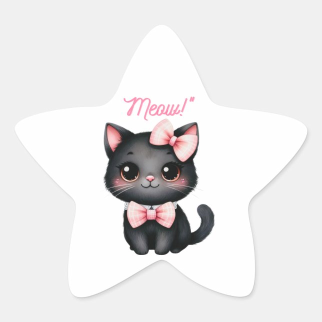 Cute Black Cat with Bow for Halloween Decoration Star Sticker (Front)
