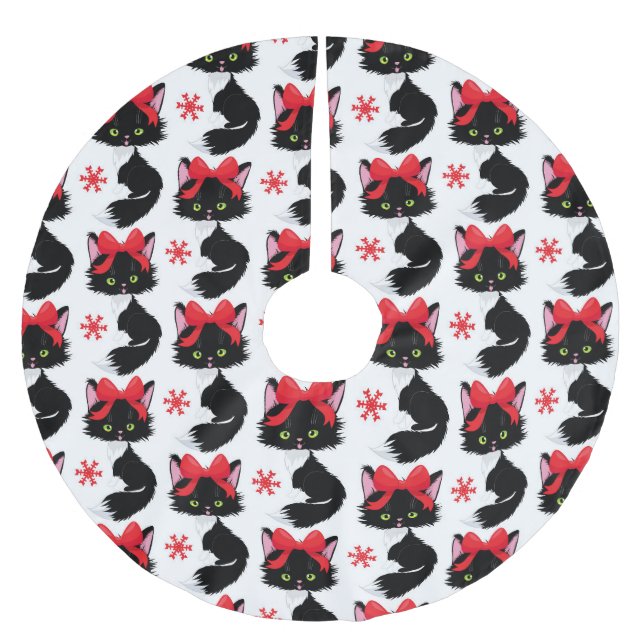 CUTE BLACK CAT WITH CHRISTMAS RED BOW BRUSHED POLYESTER TREE SKIRT (Front)
