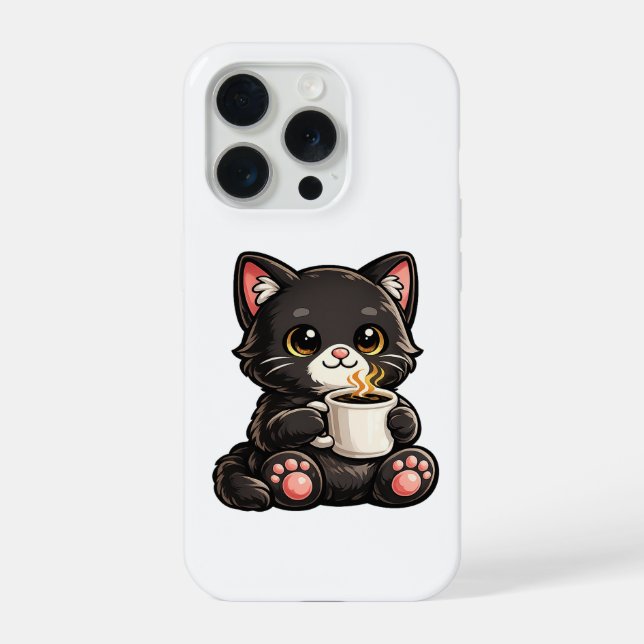 Cute Black Cat with Coffee iPhone Case (Back)