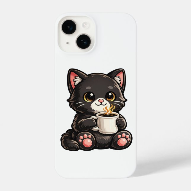 Cute Black Cat with Coffee iPhone Case (Back)