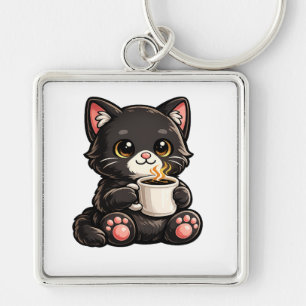 Cute Black Cat with Coffee Keychain