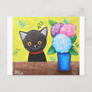 Cute Black Cat With Flowers Kitty Cat Folk Art Postcard