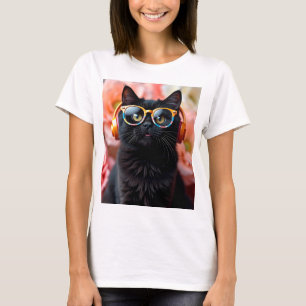 Cute black cat with glasses and headphones T-Shirt