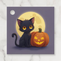 Cute Black Cat with Glowing Carved Pumpkin 