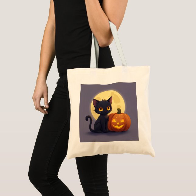 Cute Black Cat with Glowing Carved Pumpkin Tote Bag (Front (Product))