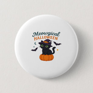 Cute Black Cat with Glowing Green Eyes on Pumpkin  2 Inch Round Button