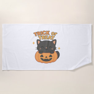 Cute Black Cat with Glowing Green Eyes on Pumpkin Beach Towel
