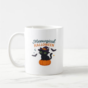 Cute Black Cat with Glowing Green Eyes on Pumpkin Coffee Mug