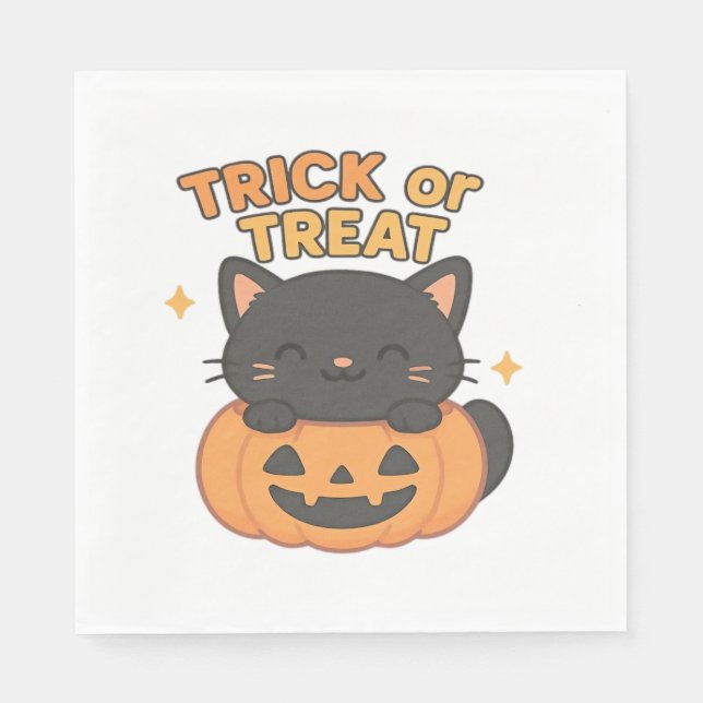 Cute Black Cat with Glowing Green Eyes on Pumpkin  Napkin (Front)