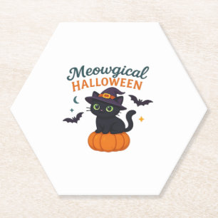 Cute Black Cat with Glowing Green Eyes on Pumpkin Paper Coaster
