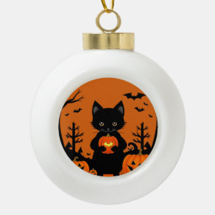 Cute Black Cat with Halloween Pumpkins Ceramic Ball Christmas Ornament