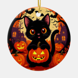 Cute Black Cat with Halloween Pumpkins Ceramic Ornament