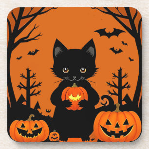 Cute Black Cat with Halloween Pumpkins Coaster