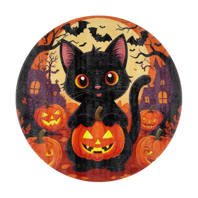 Cute Black Cat with Halloween Pumpkins Cutting Board (Front)