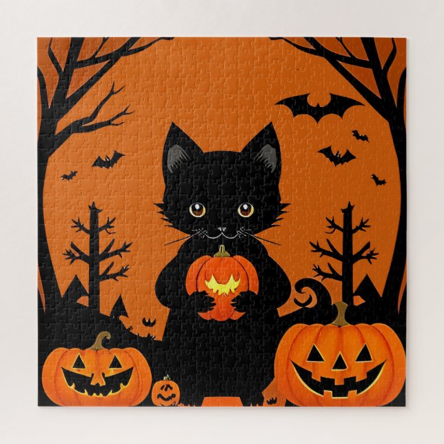 Cute Black Cat with Halloween Pumpkins Jigsaw Puzzle (Vertical)