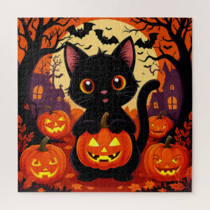 Cute Black Cat with Halloween Pumpkins Jigsaw Puzzle